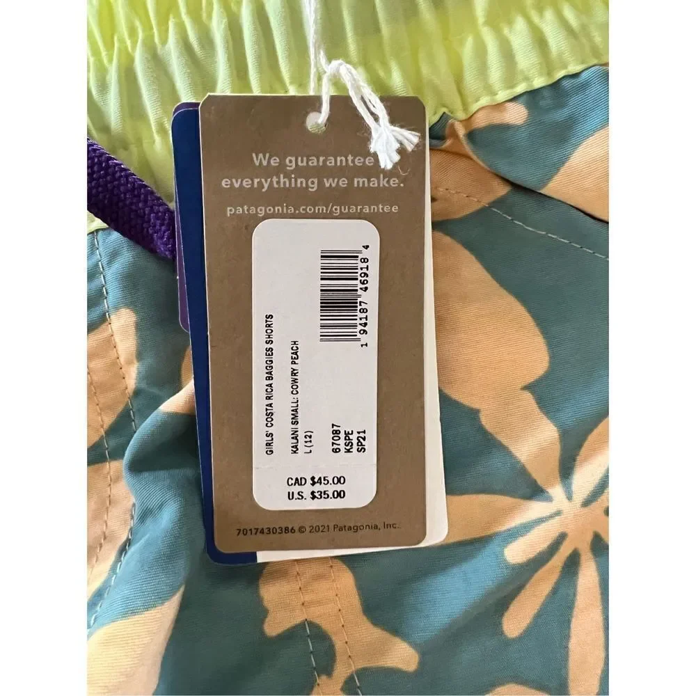 Patagonia Girls Yellow & Blue Floral Print Costa Rica Baggies Shorts Size L NW
